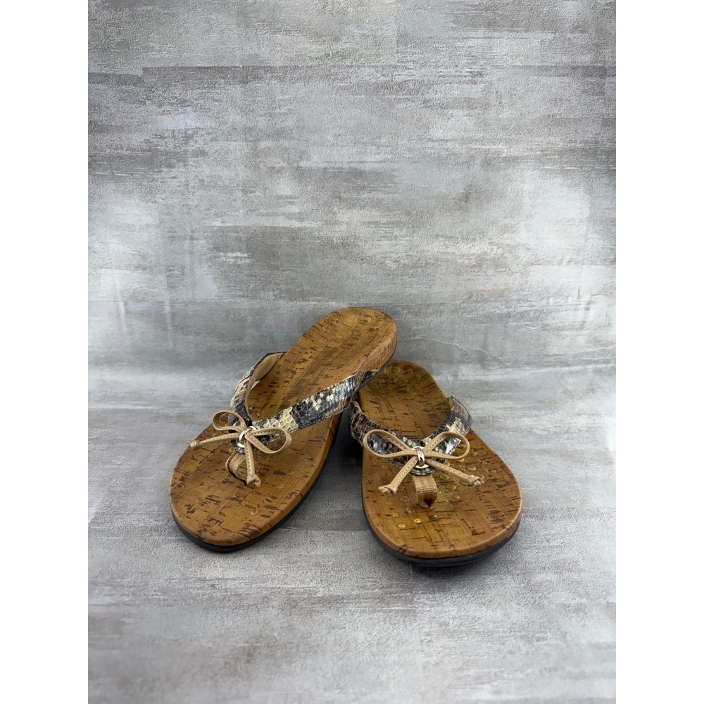 Vionic Cassie Snakeskin Cork Print Thong Sandals Brown Women Sz Wide 6 TVW4294